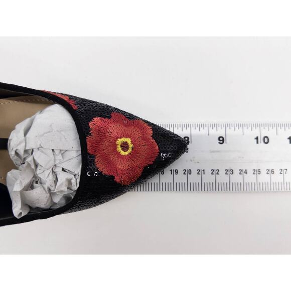 JustFab Black Sequin Red Floral Embroidered Pointed Toe Stiletto High Heels 6 - Picture 13 of 14